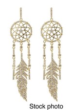 Gold Dreamcatcher Feather Earrings Crystal Accent