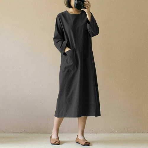 Summer Long Sleeve Shirt Dress Casual Loose Cotton Linen Baggy Fashion New Women - Picture 15 of 17