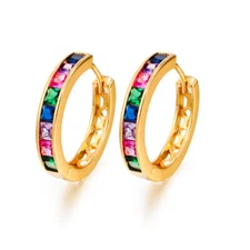 Multicolor Rainbow Cubic Zirconia Hoop Huggie Earrings Gold Plated Women Jewelry