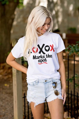 Valentine's Day XOXO Marks The Spot Heart Womens Graphic Crewneck T Shirt Tee - Picture 5 of 7