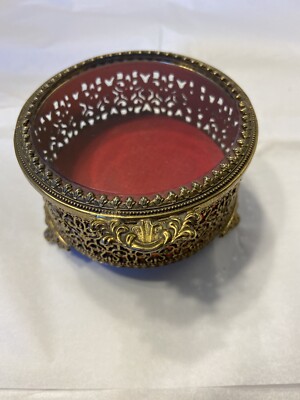 Vintage Stylebuilt 24k Gold Filigree / Beveled Glass Round Shaped Jewelry Box