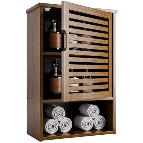 Relaxdays Badschrank Bambus 87 Cm  Schmaler Badregal Mit Tr & Ablagen,  Natur
