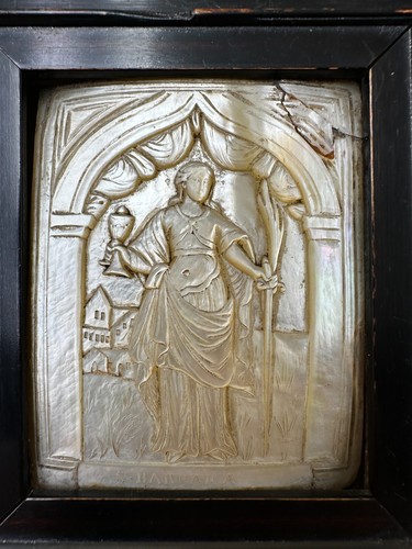 Travail sur nacre Bethléem époque XIXe siècle Sainte Barbara ou Sainte Barbe - Foto 10 di 13