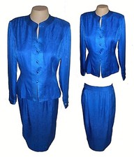 2-PC Suit: Skirt Blazer-Top, Adrianna Papell, 100 Silk, Royal-Blue Jacquard, 6