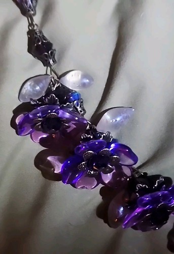Big Beautiful Glass Work Purple Floral Necklace Rhinestone Leaf Heavy 18" - Picture 11 of 15