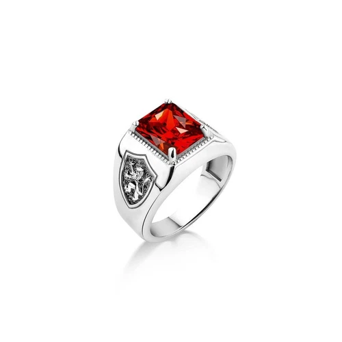 red ruby men ring with engraved rampant Lion 925 silver men ring gift for him
