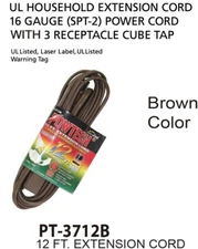12ft Brown Electrical Extension Cord Power Wire 2 Prong 3-Way Electric Adapter