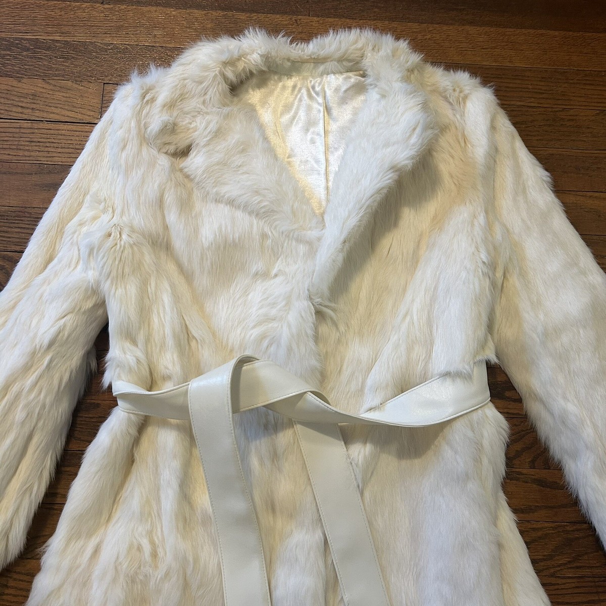 Vtg Women's 100% Rabbit Fur Coat Ivory Long Length With Belt