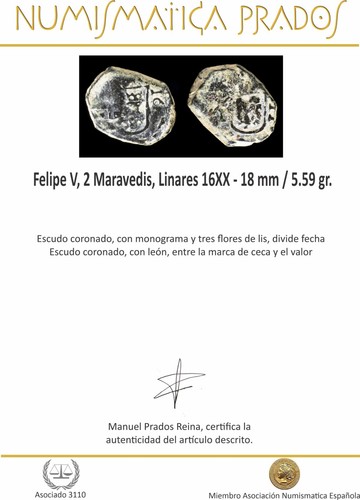Felipe V, 2 Maravedis, Linares 16XX - 18 mm / 5.59 gr. - Foto 3 di 3