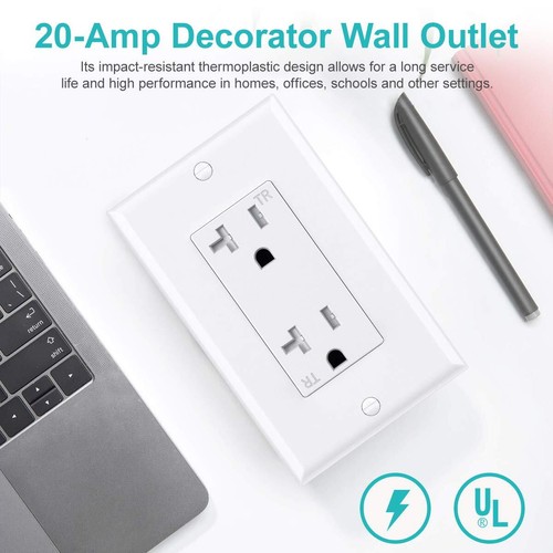 20A Tamper-Resistant Wall Outlet Socket, UL Listed, 10-Pack, White - Picture 2 of 12