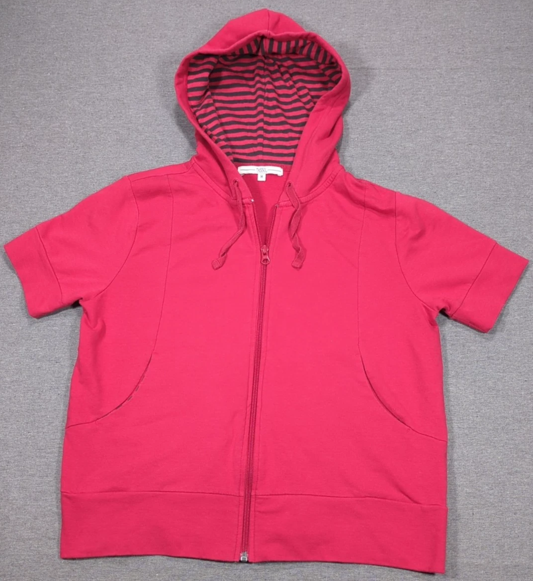 Tasso Hoodie Red Nautical Stripe Full Zip Short Sleeve Cotton Preppy Womens Med