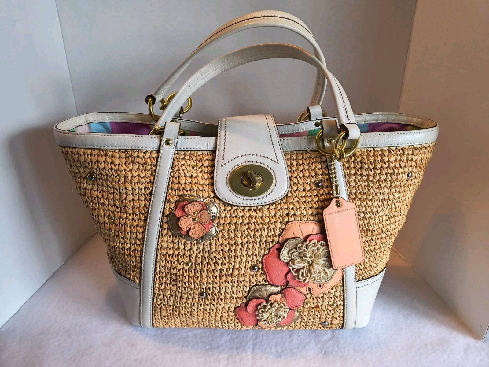 Coach Hampton Floral Tote Purse Straw White Pink L116… - Gem