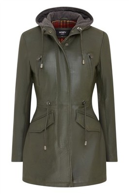 Damen grüner Leder Parka Jacke Kapuze mehrere Taschen Trenchcoat