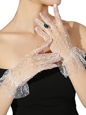 Women's Polka Dots Pearls Sheer Mesh Tea Party Gloves Ruffle One Size White