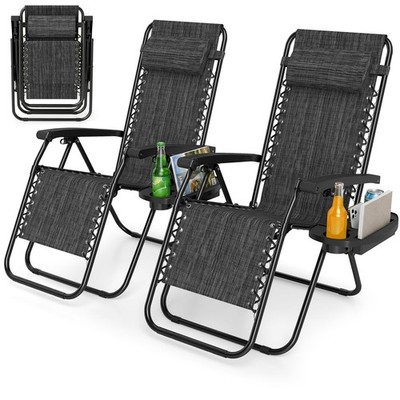 2Pcs Zero Gravity ChairPortable Patio Recliner w/ Adjustable Backrest & Pillow