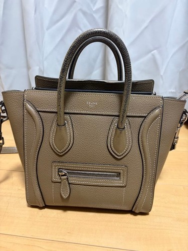 Celine Beige Handbag Gray Leather Soft Used From Japan