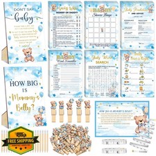 Funnymoom Bear Baby Shower Games Pack, 426pc Blue Theme Party Decorations
