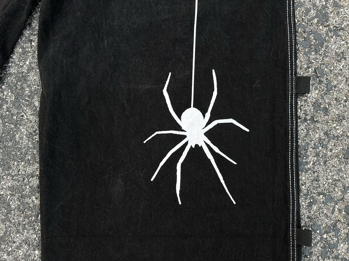 Vintage 90s Sinister Spider Web Goth Rave Baggy Black Denim Wide