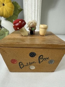 Vintage Wooden Sewing Button box with mushroom pin cushion lid