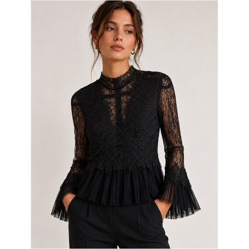 Bardot Francesca Black Lace Pleated Peplum Blouse Sheer Bell Sleeve Top Size L