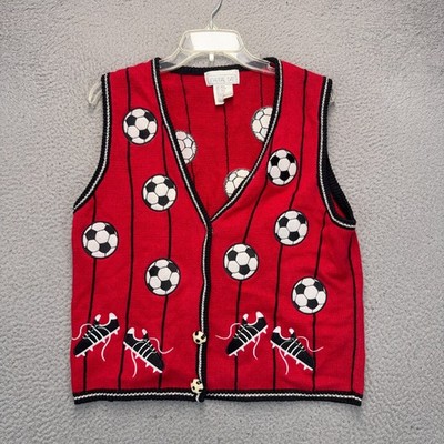 Mandal Bay Sweater Vest Womens Large Red Soccer Sports VTG 90s Grandma FLAW