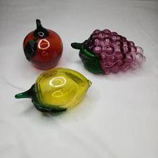 Murano Style Vintage Art Glass Fruit Grapes Apple Lemon Lot Of 3