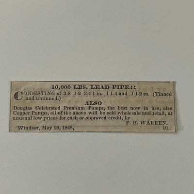 FH Warren Lead Pipe Premium Pumps Windsor 1848 Woodstock VT Clipping SAJ2-S5
