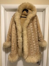 Vintage Sheepskin Shearling Fur Jacket Hooded Coat Afghan Aztec Penny Lane M/L