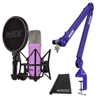 Rode NT1 Signature Studio-Mikrofon Lila mit PSA1+ Gelenkarm Lila und Tuch