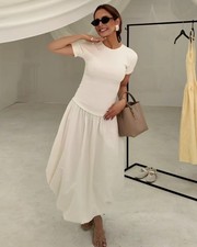 ZARA NEW SS25 WOMAN LONG BALLOON COMBINATION DRESS ECRU White  4174/208/712_S-L