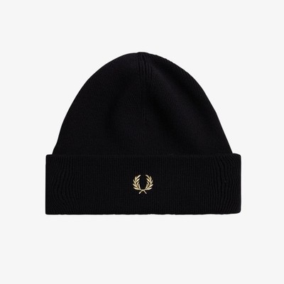 Fred Perry Classic Beanie Hat Black Embroidered Laurel Wreath Logo Unisex Winter
