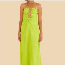 Farm Rio Lime Green Sleeveless Midi Dress Halter Cutout Ruched 314514 Large NWT