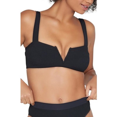 L*Space Women Black Ribbed Lee Lee V-cutout Swim Bralette Bikini Top Size XS