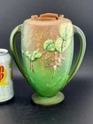 Roseville 10” Green Fucshia Double Handled Vase In Excellent Mint Condition