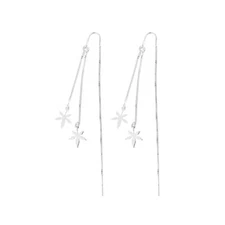 925 Silver Tone Double Maple Leaf Threader Dangle Drop Earrings Long Chain B10