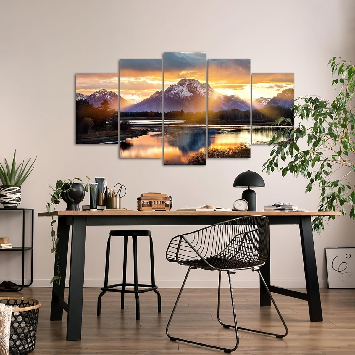 Tableau Toile Paysage USA Parc Grand Teton Wyoming, 5 Panneaux, Art Mural Noir Et Blanc