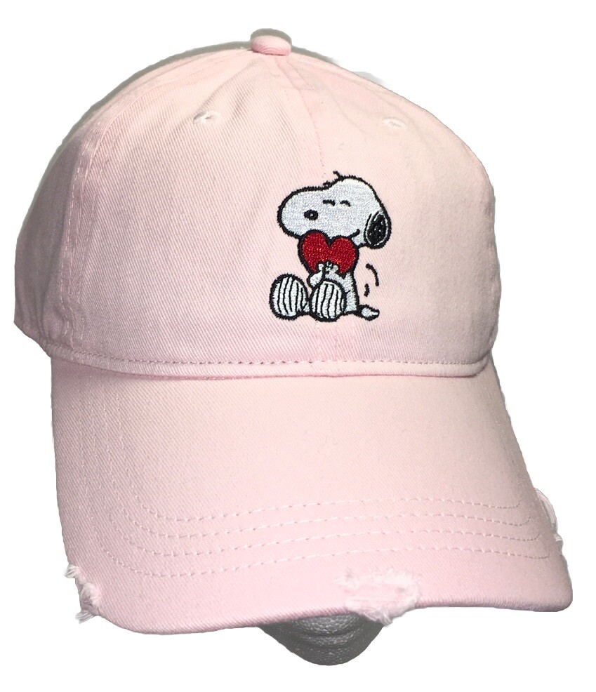 NEW PEANUTS SNOOPY Distressed HEART DESIGN BALL CAP HAT WOMENS Pink Embroidered