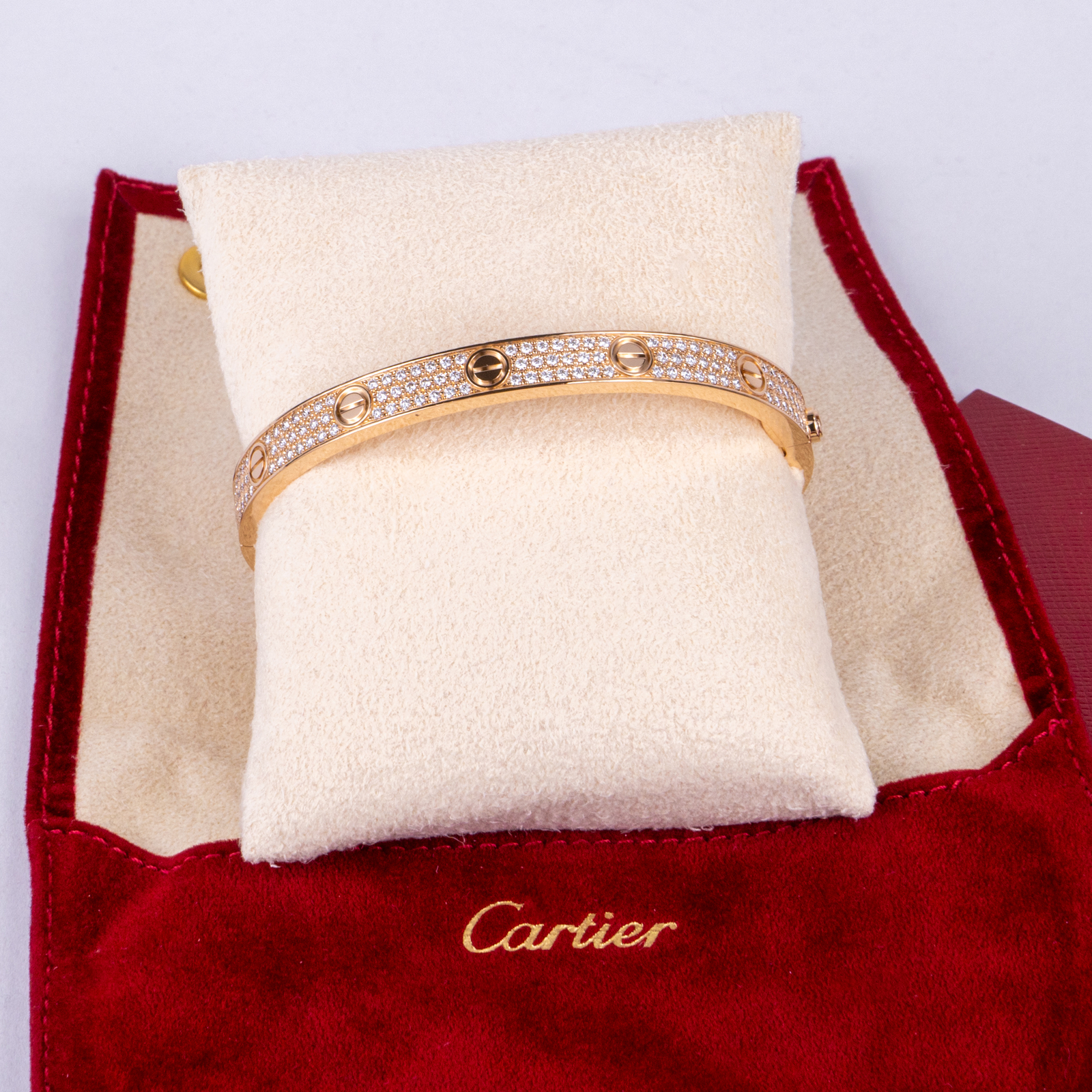 Cartier 18k Rose Gold 6.7mm Pave Diamond Love Bracelet Size 19 Luxury Jewelry-image