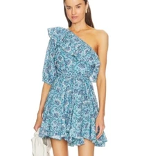 RHODE Ozzie Aqua Lotus One Shoulder Mini Dress Sz Small New With Tags MSRP $435