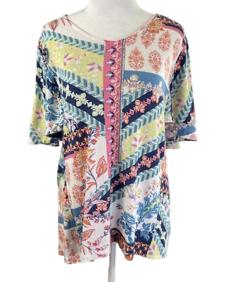 Chico's 1  (US 8 M) Top Floral Short Sleeve Tee V-neck Bell Sleeves Hi Low Hem