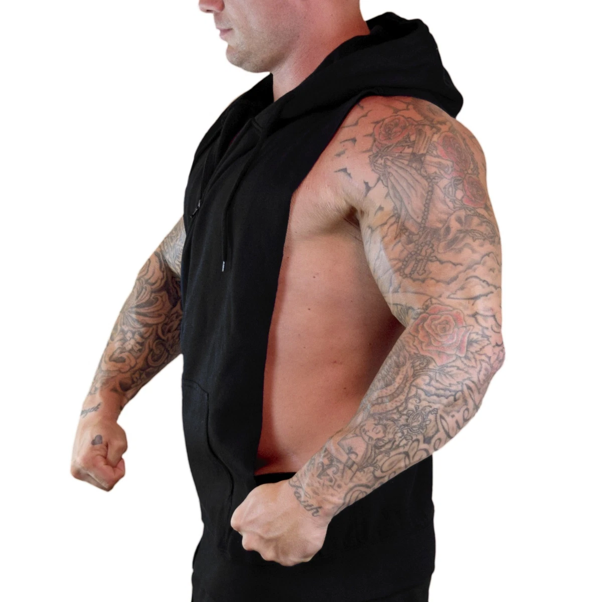 Men's Hashtag Fit Gym Workout Motivation Black Sleeveless Zipper Hoodie  Fitness