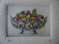 Silver Bowl of Fruit. Original Signed Limited Ed Etching by JM Framed Still Life