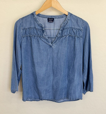 Splendid Blue Chambray Lyocell V-Neck Pleated 3/4 Sleeve Top Women's S
