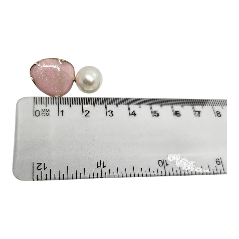 Large Pink Druzy Look Resin & Pearl Statement Drop Earrings Gold Tone - Image 4 of 4