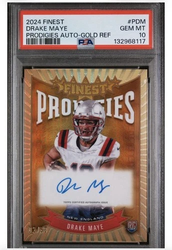 TOPPS FINEST PRODIGIES DRAKE MAYE GOLD REFRACTOR AUTO PSA 10 /50 2024 RC POP 9