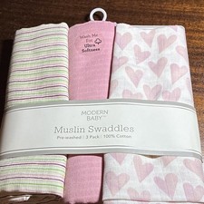 Modern Baby Pre-Washed Cotton Swaddle 3 Pack Ultra Soft Breathable Pink Hearts