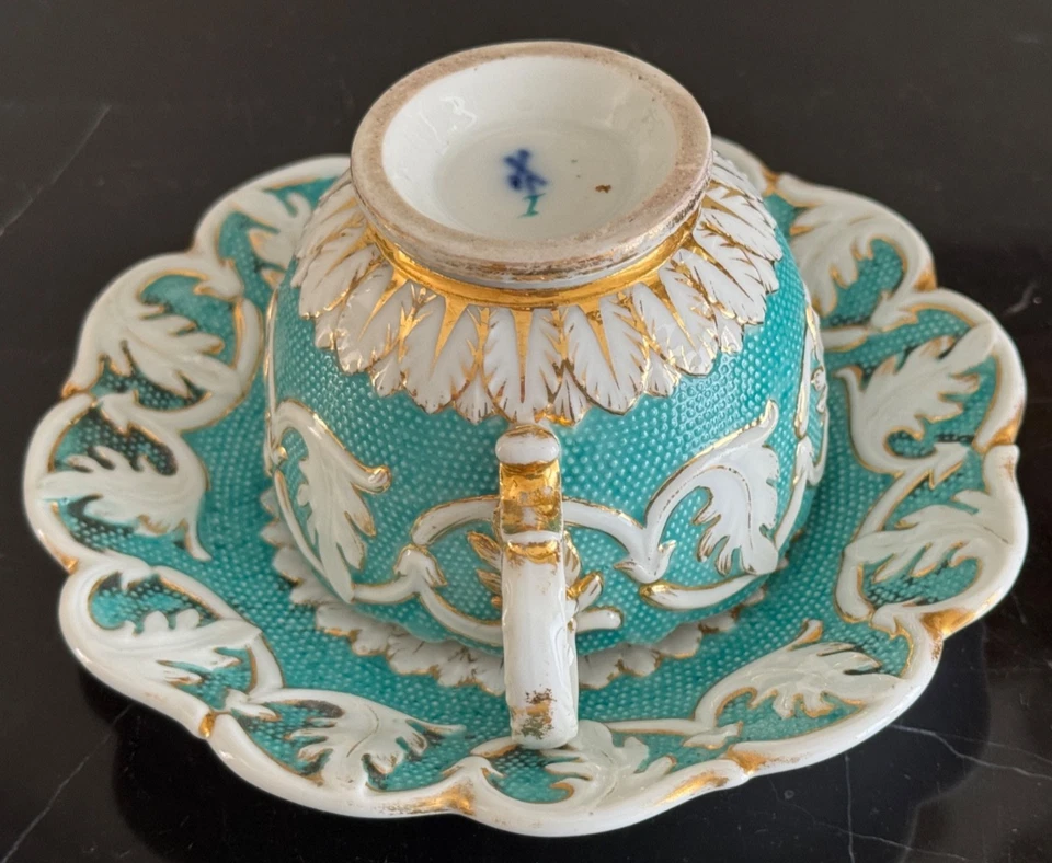 Meissen Porcelain Turquoise Blue with Raised White & Gold Gilt Cup and Saucer - Image 3 of 4