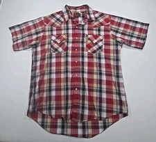 Plains Western Wear Shirt Mens Size L Large Red Plaid Short Sleeve Pearl Snap