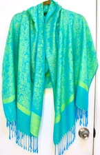 Pashmina Scarf Wrap Shawl Paisley Lime Turquoise Silk Large 26x72 Tassels Gift