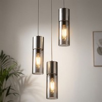 Pendelleuchte Wohnzimmerlampe HäNgelampe Rauchglas Metall Nickel E27 3 Flammig